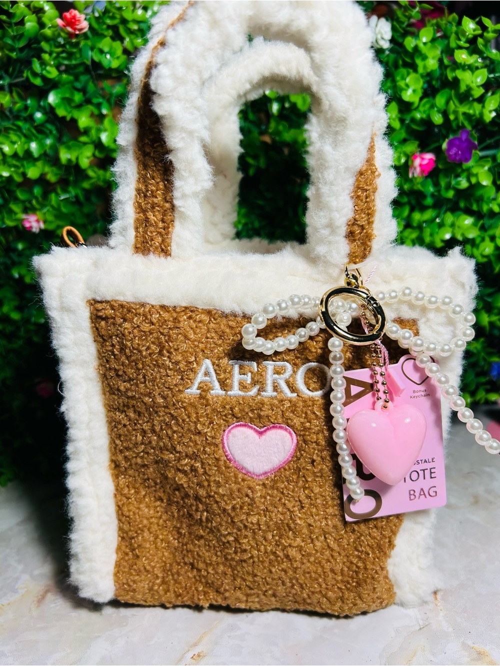 Mini Tote Bag with faux pearl bow & Pink Heart Charm